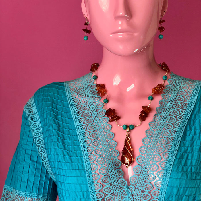 Cognac Baltic Amber and Turquoise Necklace and Earrings Set