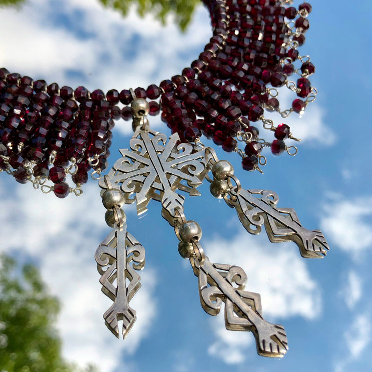 Garnet Beads and Oaxacan Sterling Silver Yalalag Cross Collar Necklace