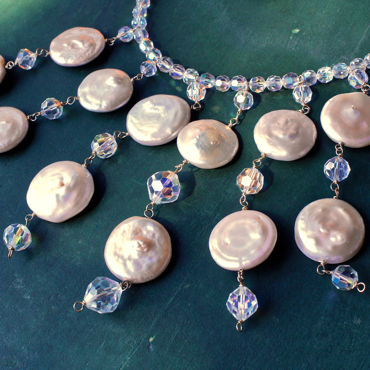 Vintage Crystal & Coin Pearl Beaded Necklace Earring Set