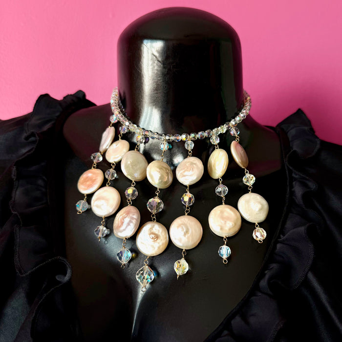 Vintage Crystal & Coin Pearl Beaded Necklace Earring Set