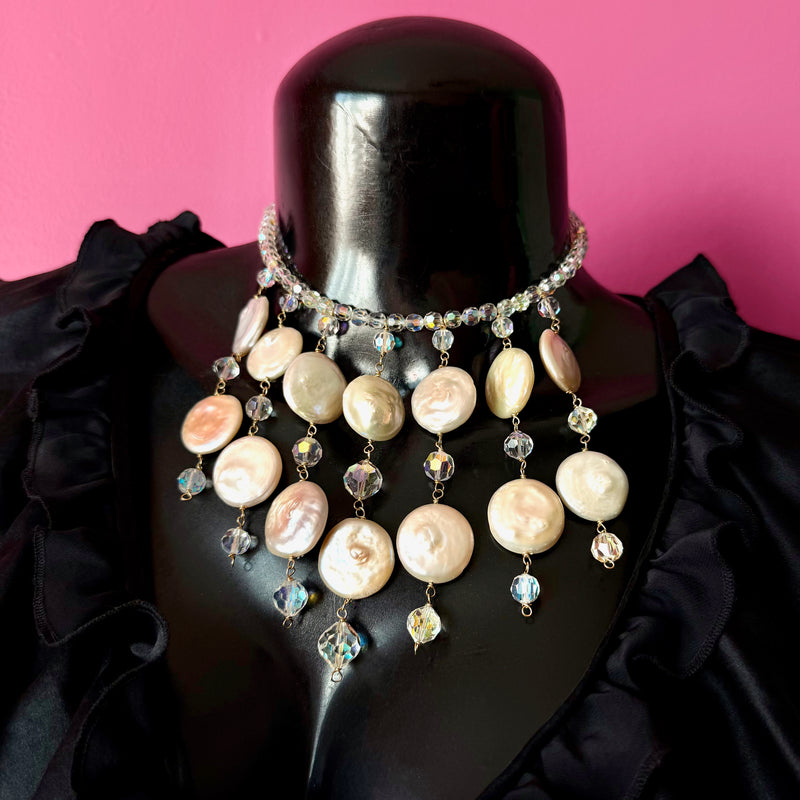 Vintage Crystal & Coin Pearl Beaded Necklace Earring Set