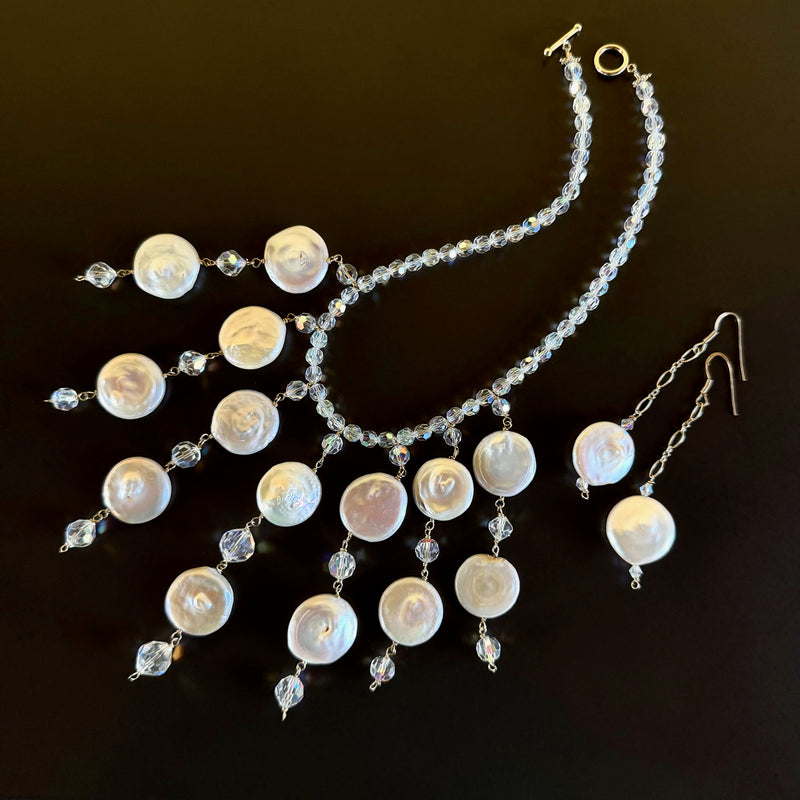 Vintage Crystal & Coin Pearl Beaded Necklace Earring Set