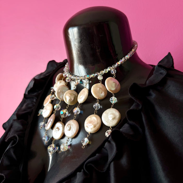 Vintage Crystal & Coin Pearl Beaded Necklace Earring Set