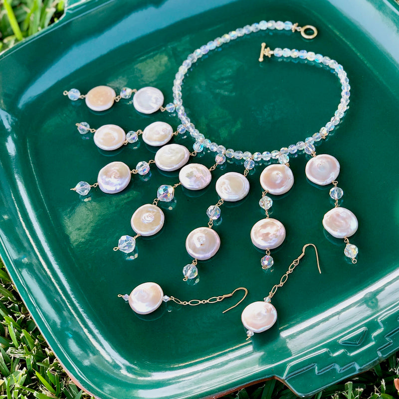 Vintage Crystal & Coin Pearl Beaded Necklace Earring Set