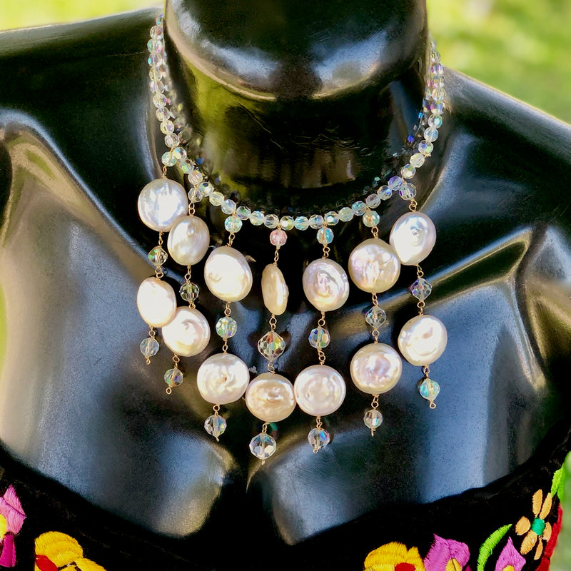 Vintage Crystal & Coin Pearl Beaded Necklace Earring Set