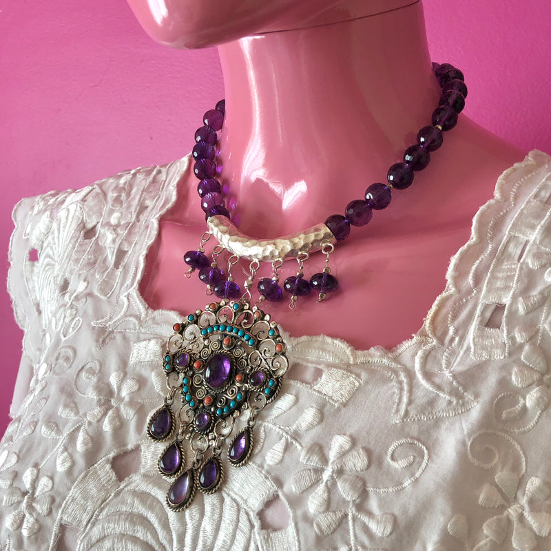 Matilde Poulat Style Pendant Amethyst Beaded Necklace