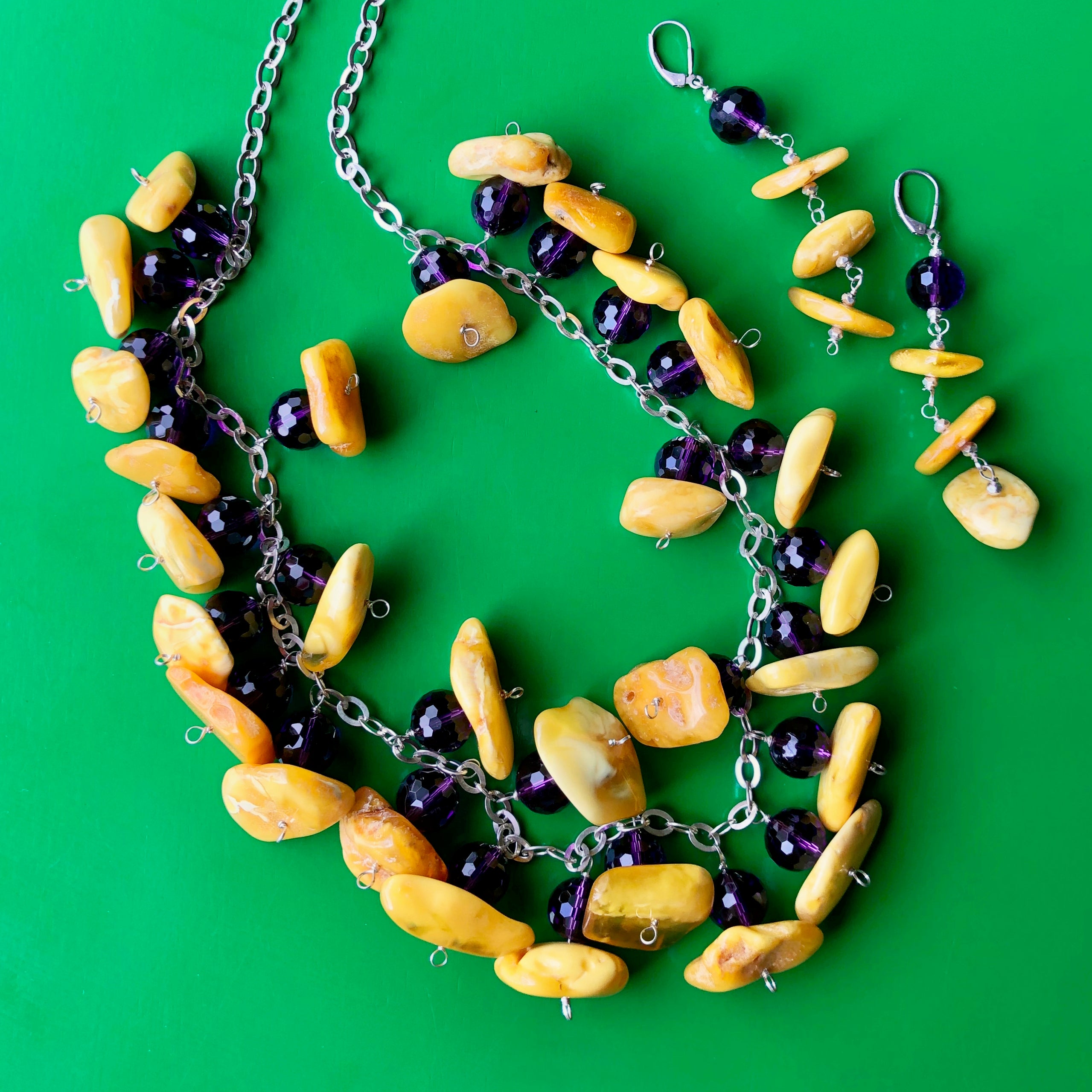 Baltic Butterscotch Amber Faceted Amethyst Necklace Earring Set