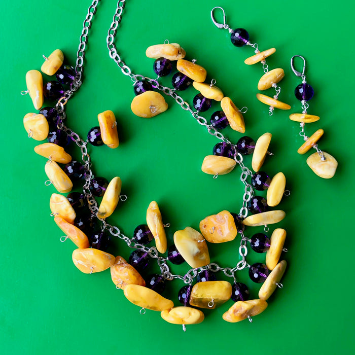 Baltic Butterscotch Amber Faceted Amethyst Necklace Earring Set