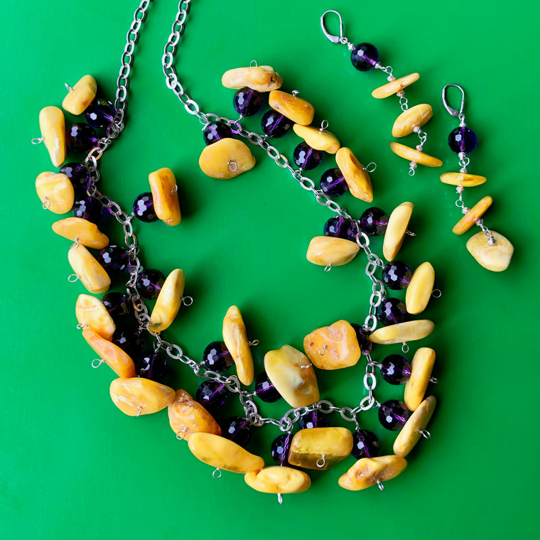 Baltic Butterscotch Amber Faceted Amethyst Necklace Earring Set