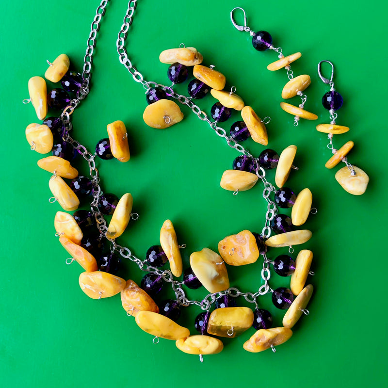 Baltic Butterscotch Amber Faceted Amethyst Necklace Earring Set