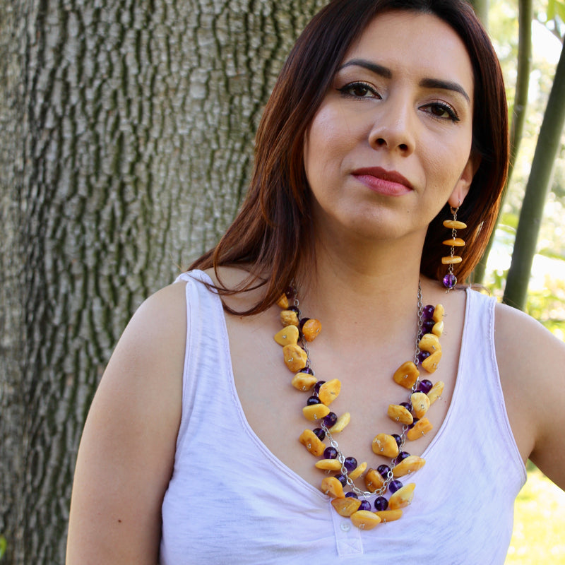 Baltic Butterscotch Amber Faceted Amethyst Necklace Earring Set