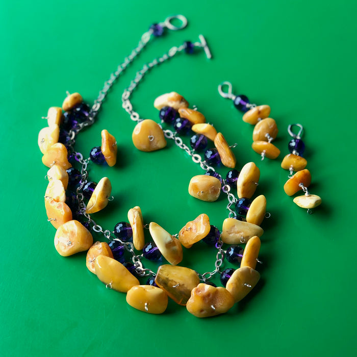 Baltic Butterscotch Amber Faceted Amethyst Necklace Earring Set