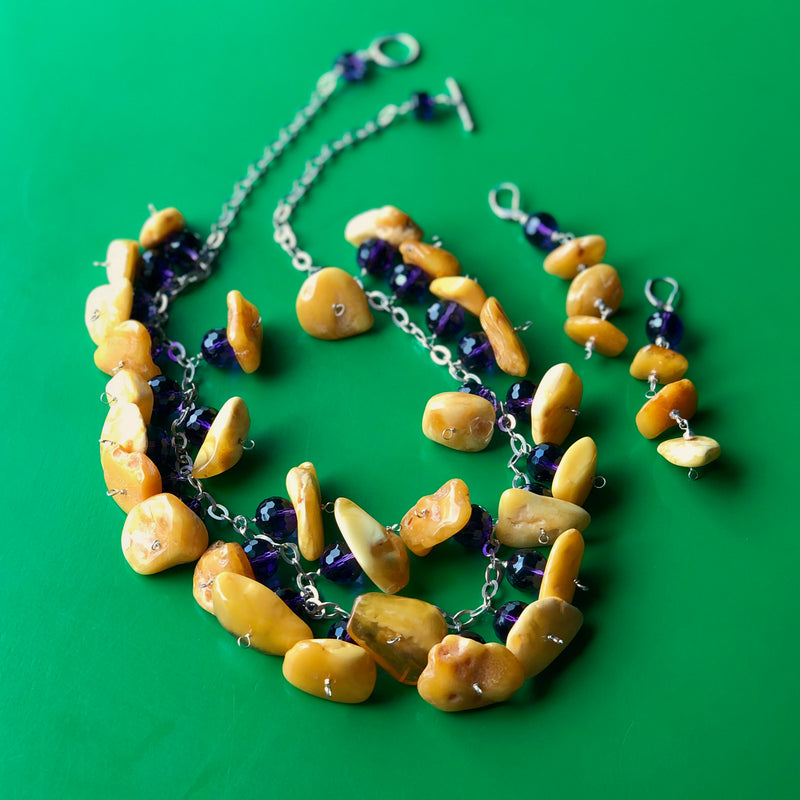 Baltic Butterscotch Amber Faceted Amethyst Necklace Earring Set