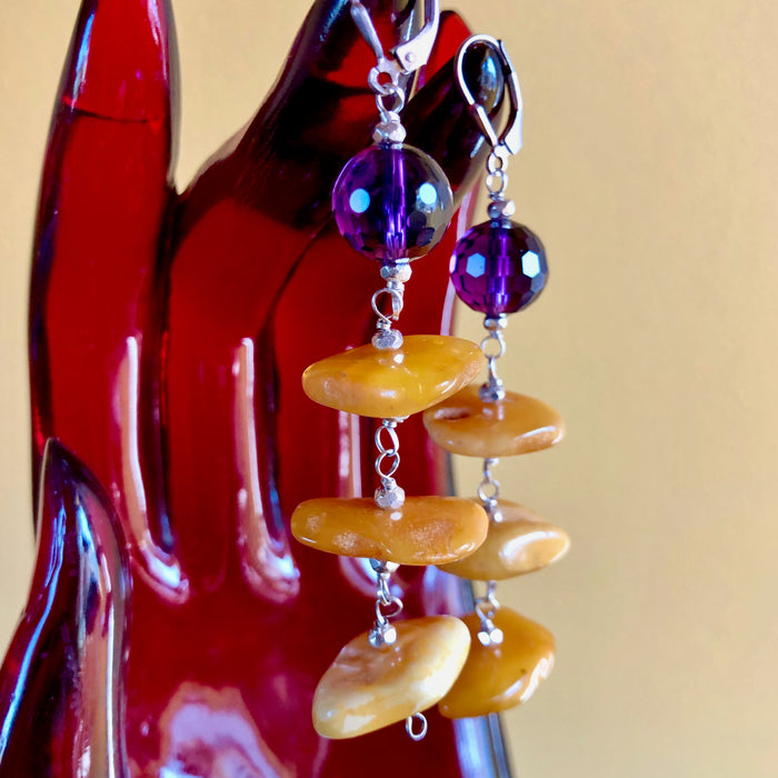 Baltic Butterscotch Amber Faceted Amethyst Necklace Earring Set