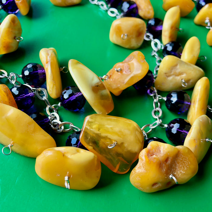 Baltic Butterscotch Amber Faceted Amethyst Necklace Earring Set