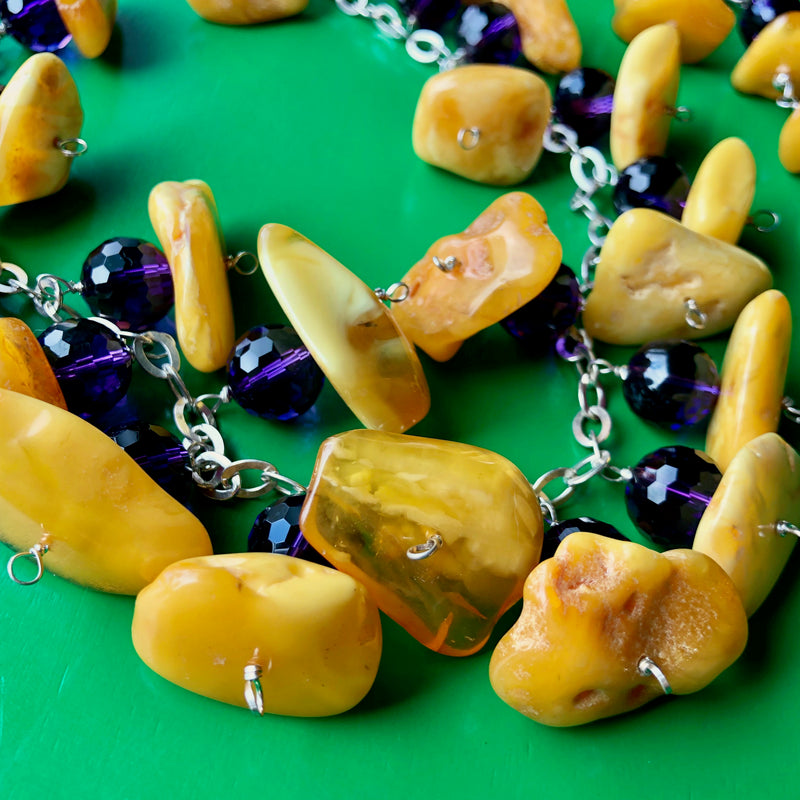 Baltic Butterscotch Amber Faceted Amethyst Necklace Earring Set