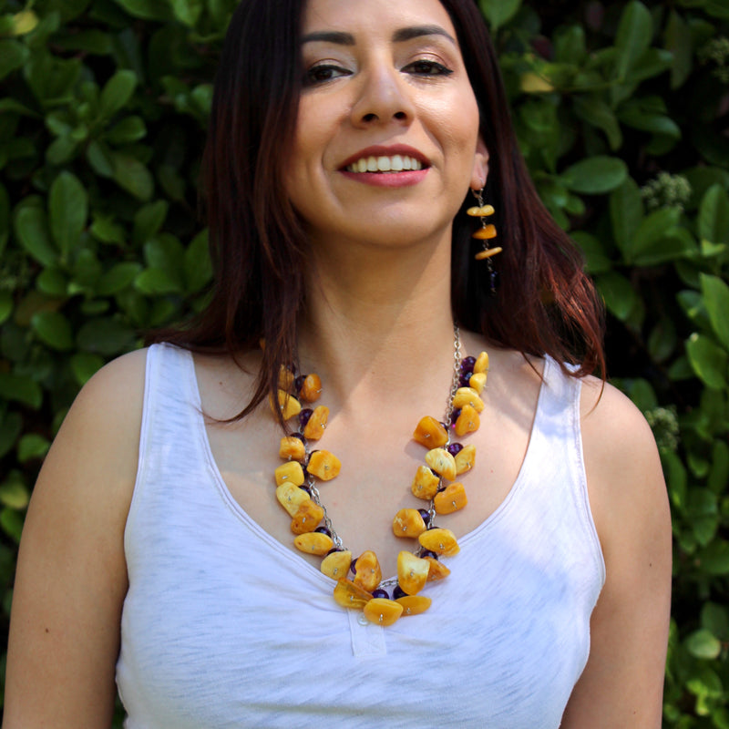 Baltic Butterscotch Amber Faceted Amethyst Necklace Earring Set