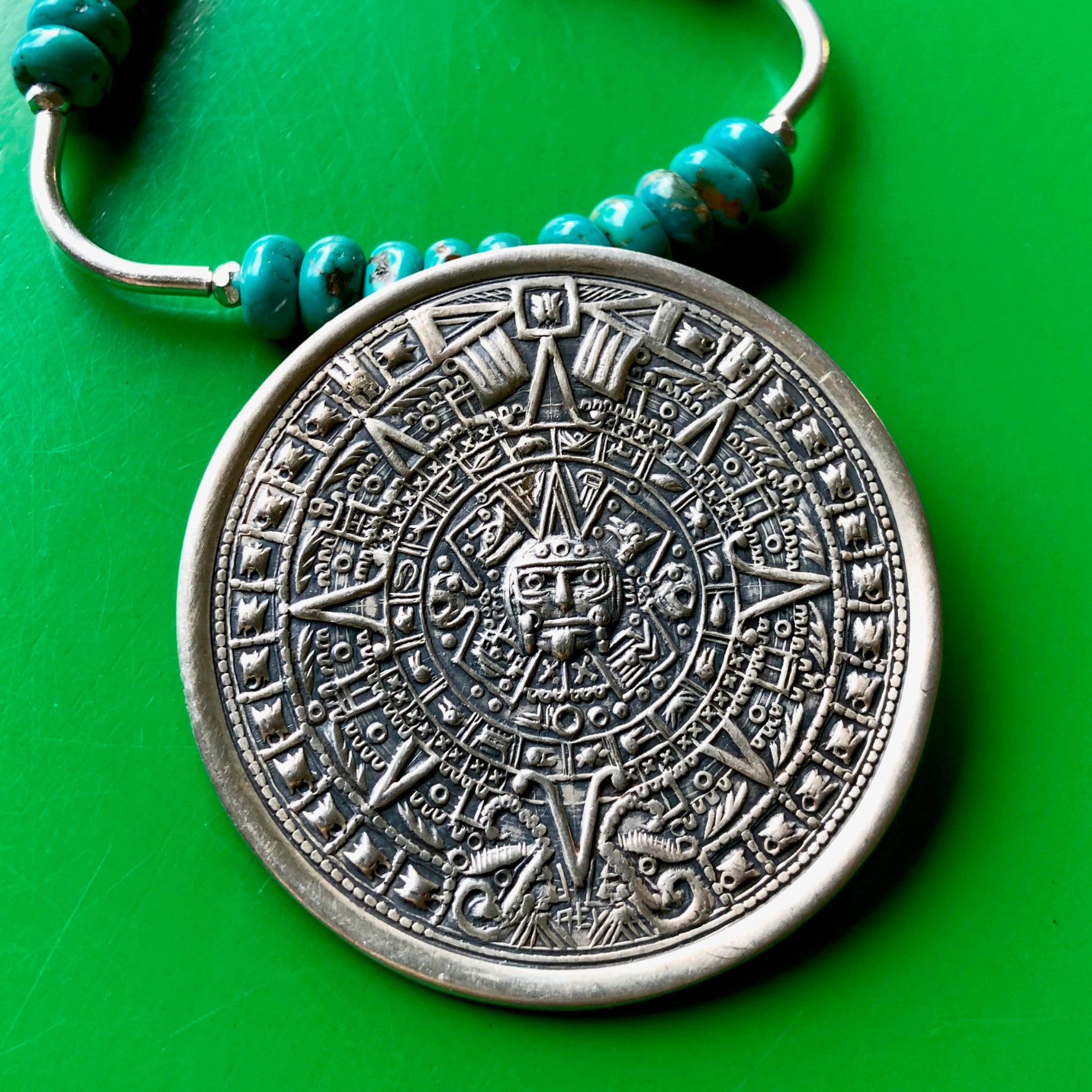 Vintage Mexican Aztec Calendar Sterling Silver Pendant Turquoise Bead Necklace