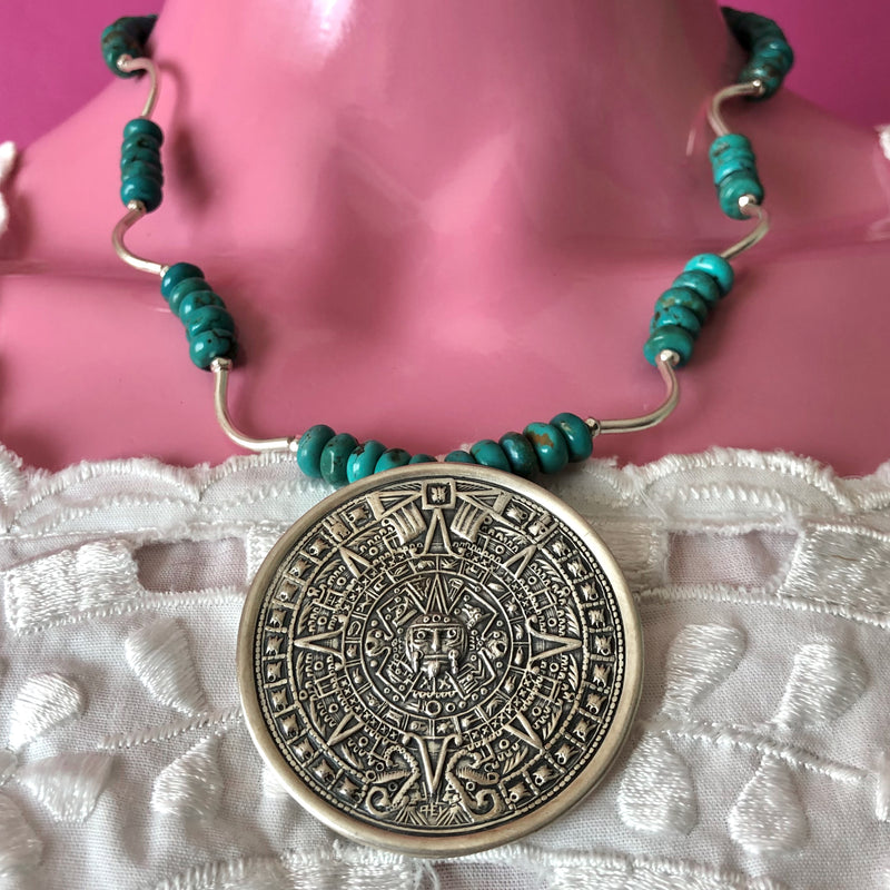 Vintage Mexican Aztec Calendar Sterling Silver Pendant Turquoise Bead Necklace