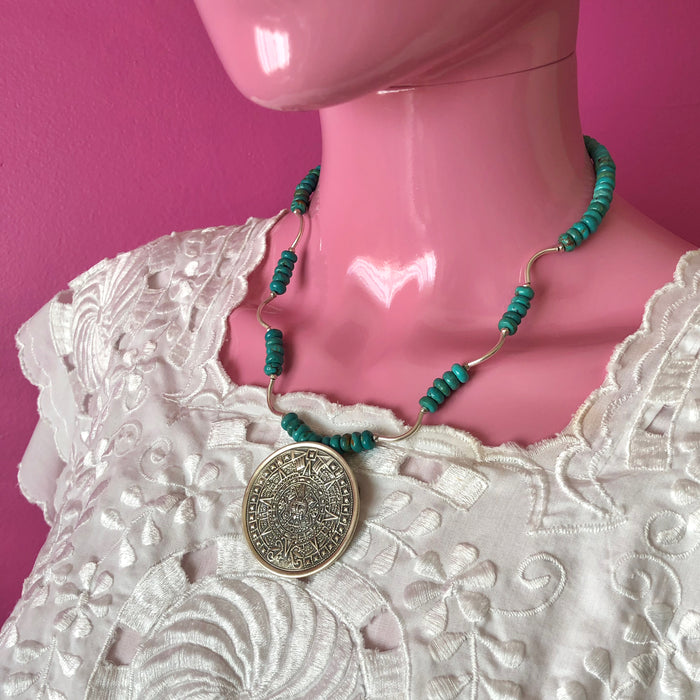 Vintage Mexican Aztec Calendar Sterling Silver Pendant Turquoise Bead Necklace