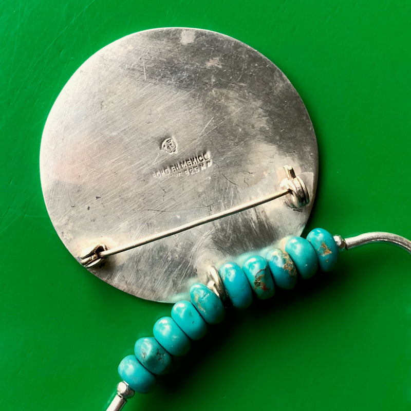Vintage Mexican Aztec Calendar Sterling Silver Pendant Turquoise Bead Necklace