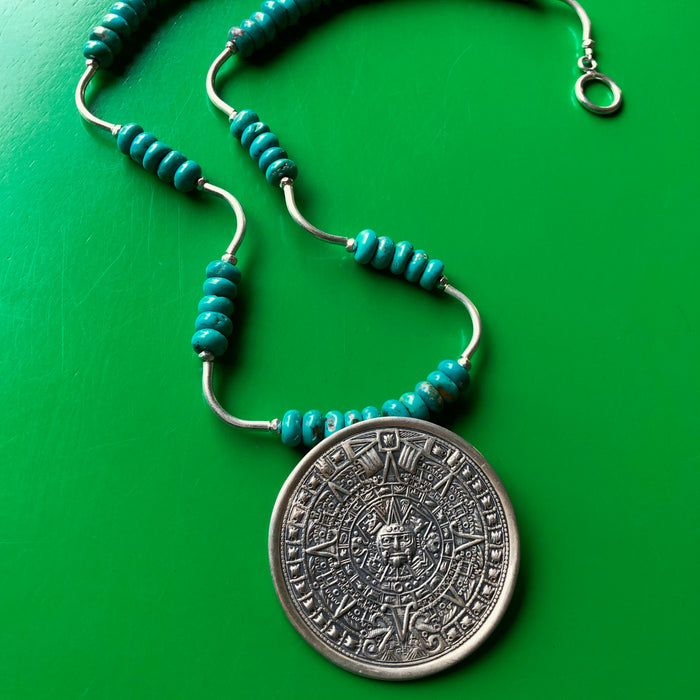Vintage Mexican Aztec Calendar Sterling Silver Pendant Turquoise Bead Necklace