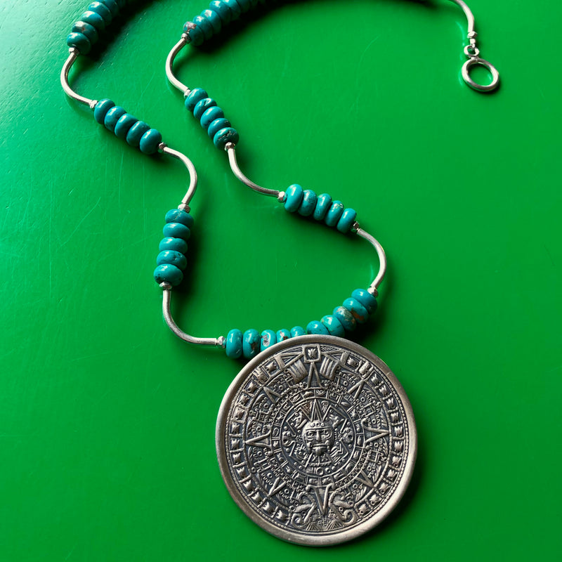 Vintage Mexican Aztec Calendar Sterling Silver Pendant Turquoise Bead Necklace