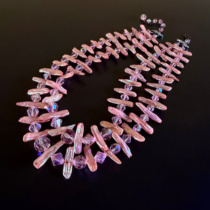 Two-Strand Vintage Pink Crystal and Salmon Stick Pearls Beaded Necklace
