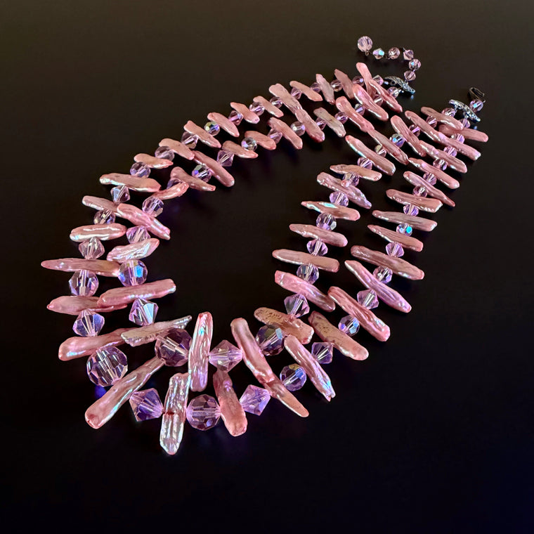 Two-Strand Vintage Pink Crystal and Salmon Stick Pearls Beaded Necklace