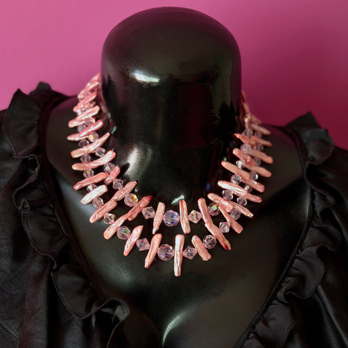 Two-Strand Vintage Pink Crystal and Salmon Stick Pearls Beaded Necklace