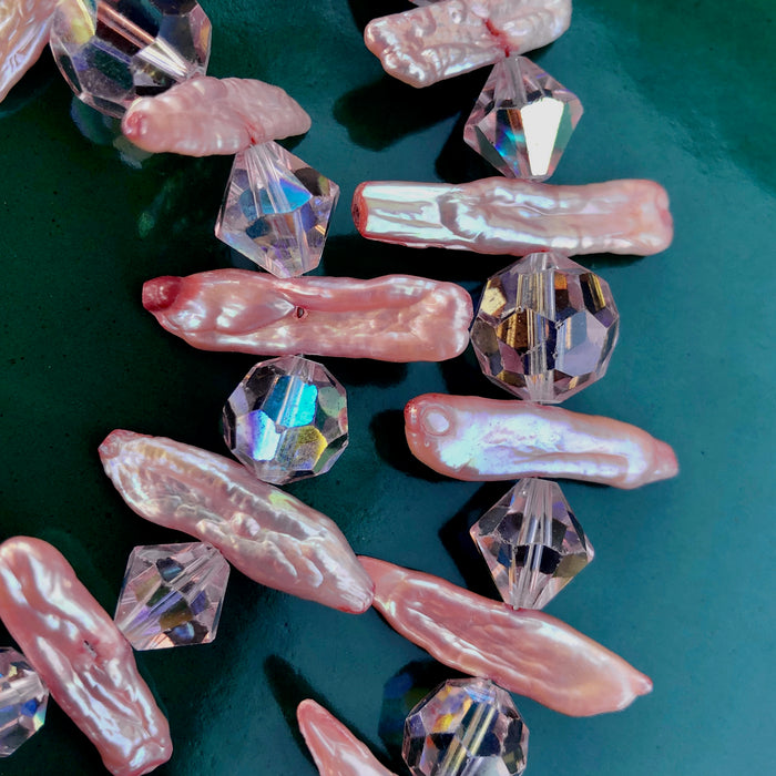 Two-Strand Vintage Pink Crystal and Salmon Stick Pearls Beaded Necklace