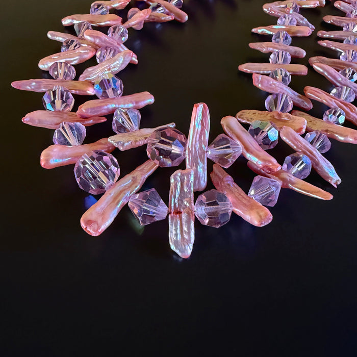 Two-Strand Vintage Pink Crystal and Salmon Stick Pearls Beaded Necklace
