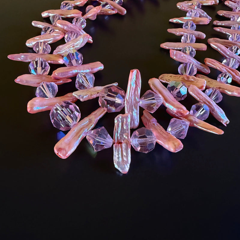 Two-Strand Vintage Pink Crystal and Salmon Stick Pearls Beaded Necklace