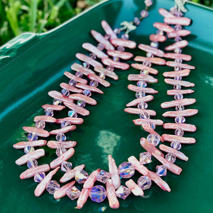 Two-Strand Vintage Pink Crystal and Salmon Stick Pearls Beaded Necklace