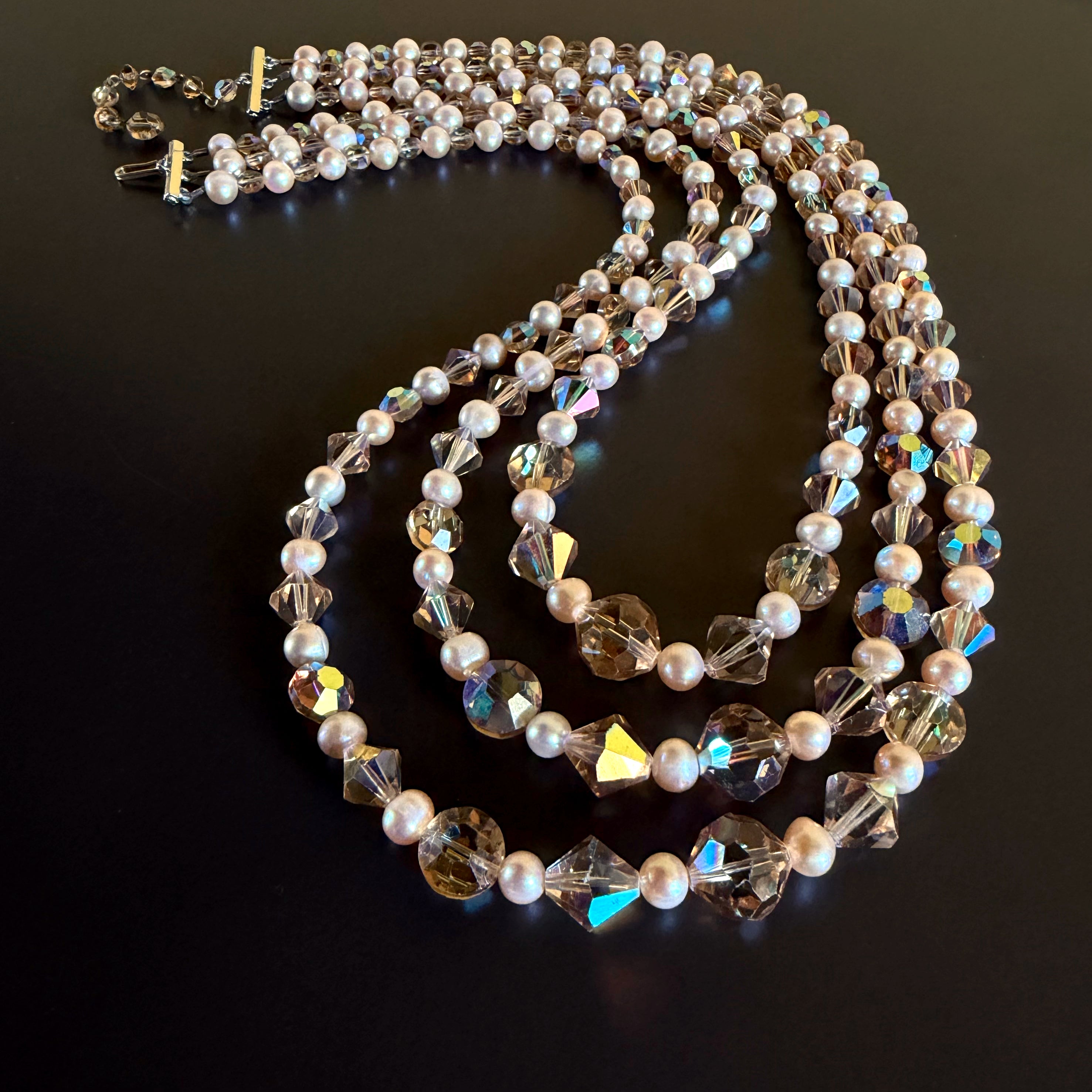 Three-Strand Vintage Champagne Crystal Pearl Beaded Necklace
