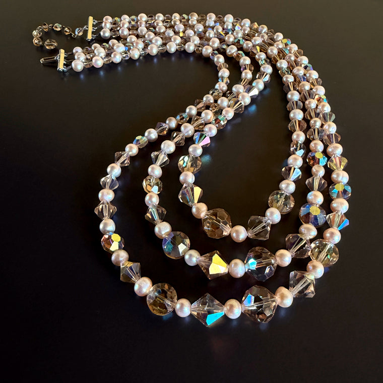 Three-Strand Vintage Champagne Crystal Pearl Beaded Necklace