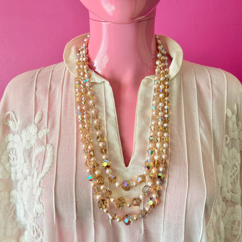 Three-Strand Vintage Champagne Crystal Pearl Beaded Necklace