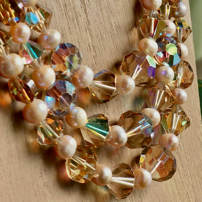 Three-Strand Vintage Champagne Crystal Pearl Beaded Necklace