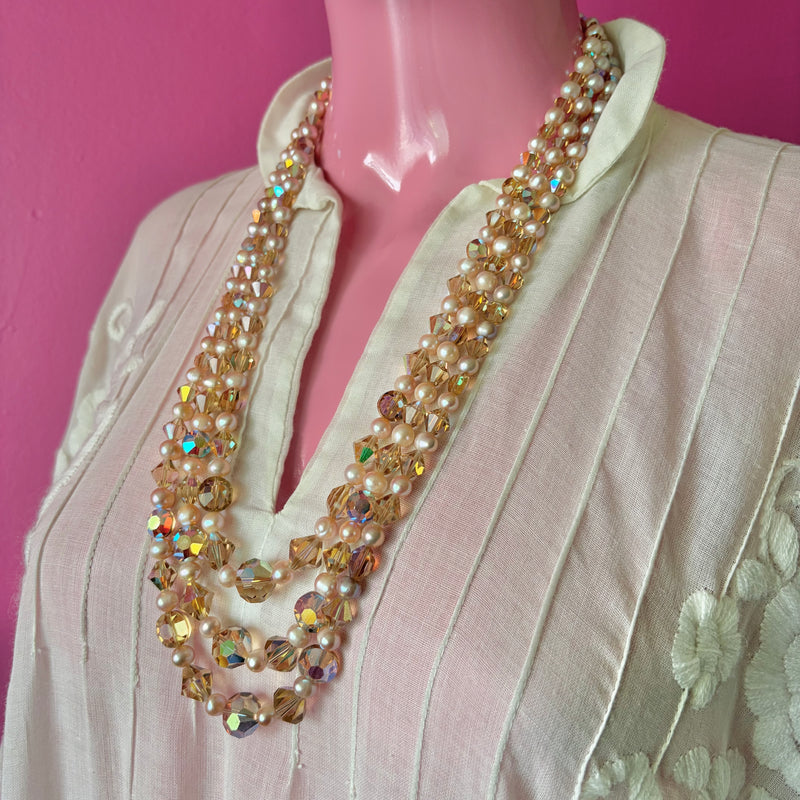 Three-Strand Vintage Champagne Crystal Pearl Beaded Necklace