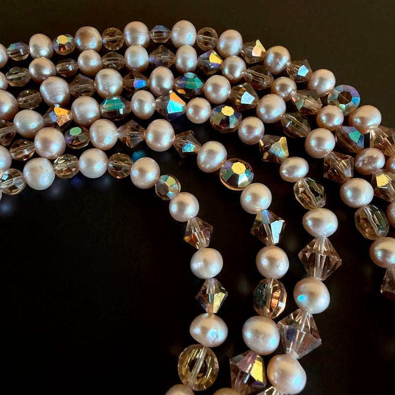 Three-Strand Vintage Champagne Crystal Pearl Beaded Necklace