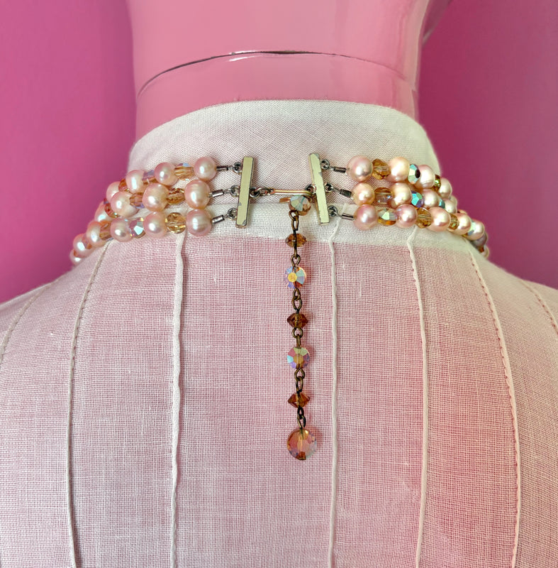 Three-Strand Vintage Champagne Crystal Pearl Beaded Necklace