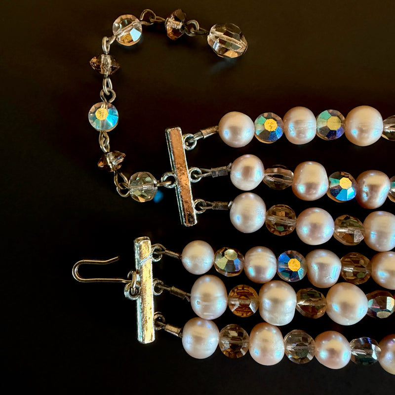 Three-Strand Vintage Champagne Crystal Pearl Beaded Necklace