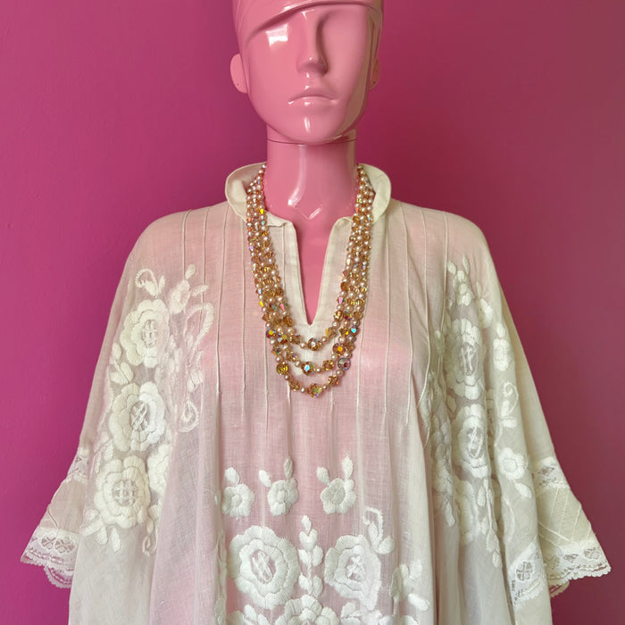 Three-Strand Vintage Champagne Crystal Pearl Beaded Necklace