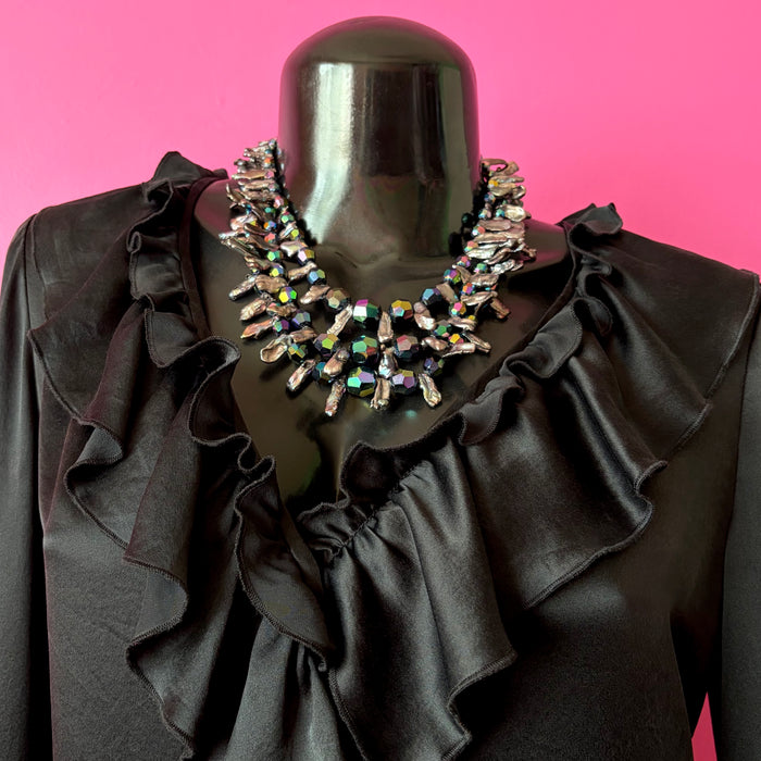 Three-Strand Vintage Black Crystal and Stick Pearl Beaded Necklace