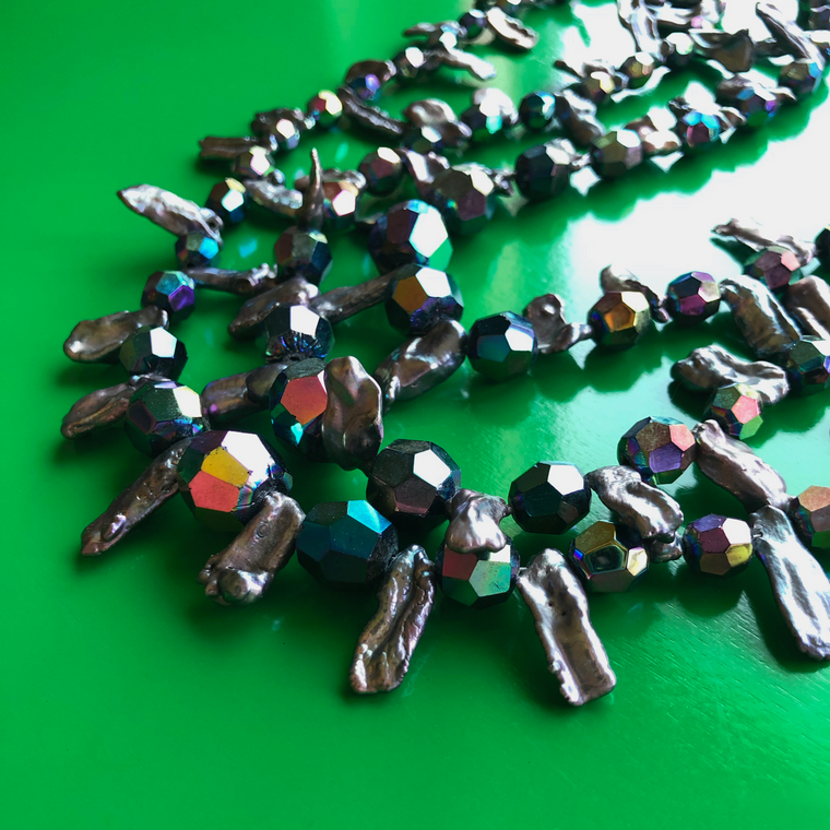 Three-Strand Vintage Black Crystal and Stick Pearl Beaded Necklace