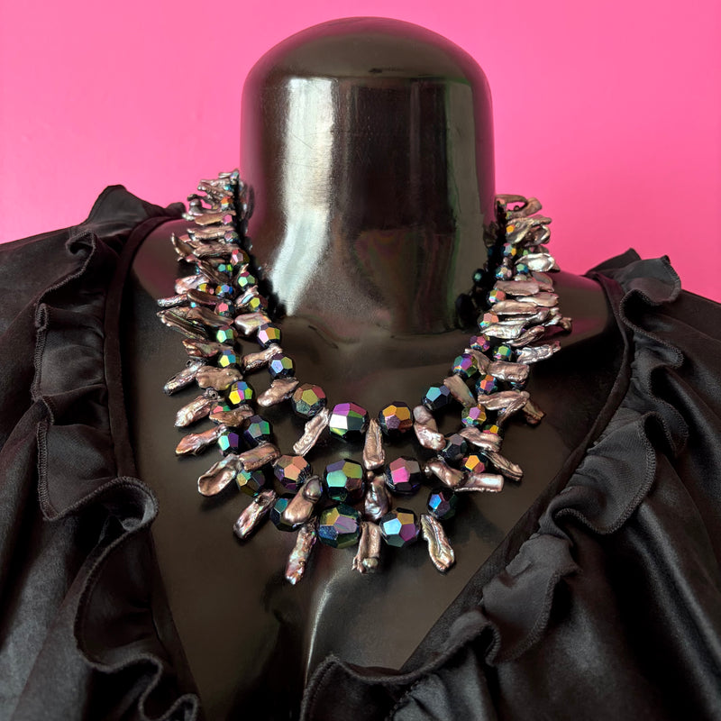 Three-Strand Vintage Black Crystal and Stick Pearl Beaded Necklace