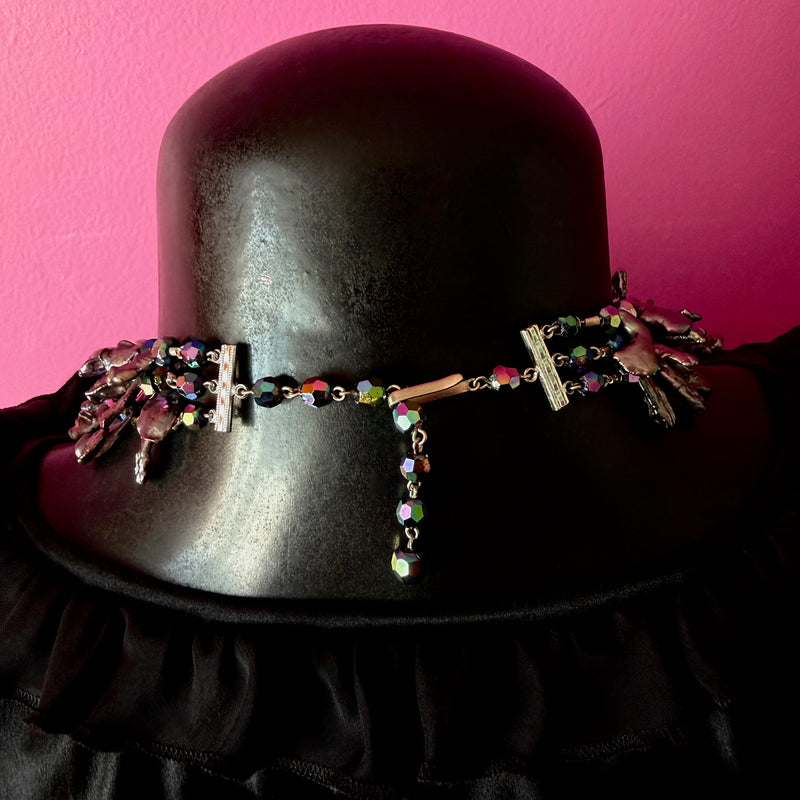 Three-Strand Vintage Black Crystal and Stick Pearl Beaded Necklace