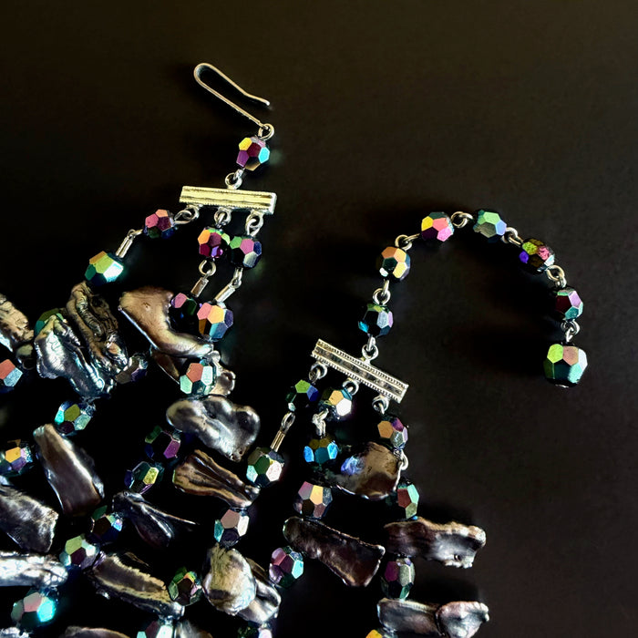 Three-Strand Vintage Black Crystal and Stick Pearl Beaded Necklace