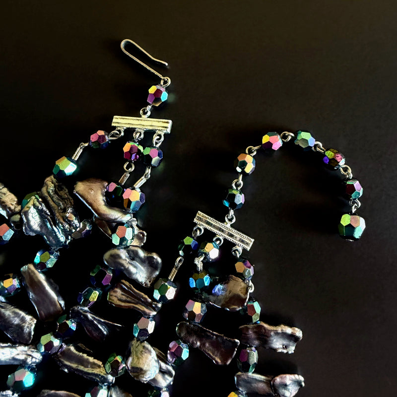 Three-Strand Vintage Black Crystal and Stick Pearl Beaded Necklace