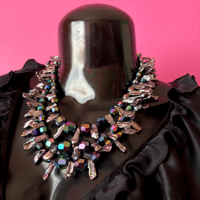 Three-Strand Vintage Black Crystal and Stick Pearl Beaded Necklace